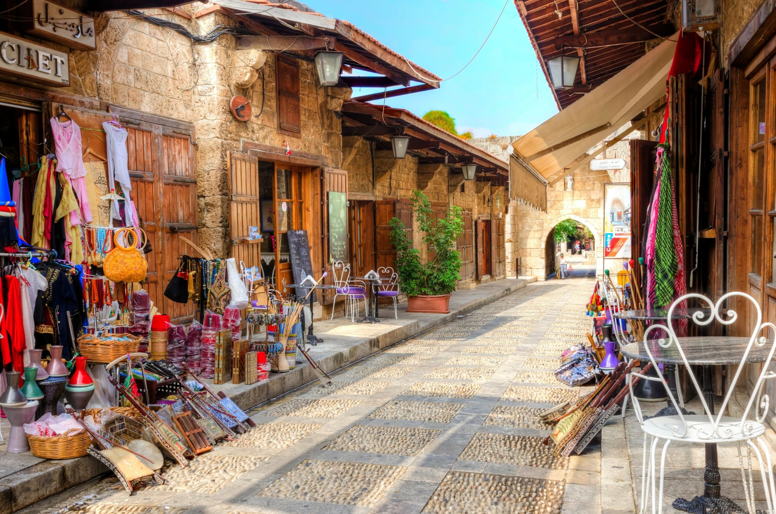 A view of the old pedestrian souk in Byblos, Lebanon during the day. A very medieval and picturesque area,  paved with little stones and with little shops.